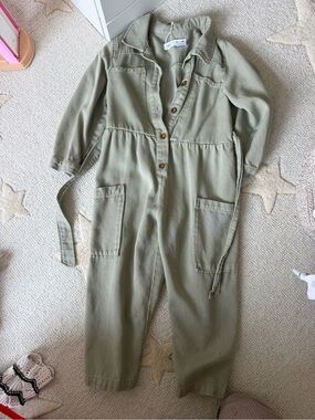 Zara girls Light Olive Utility Jumpsuit with Button Front
